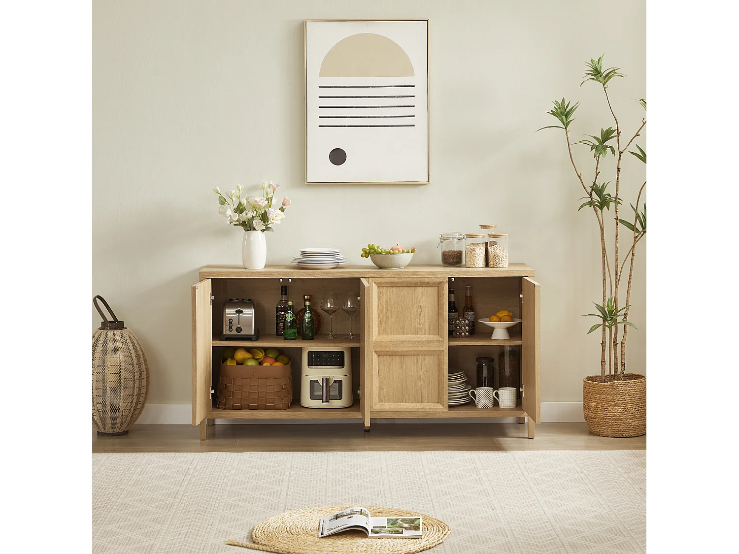 Buffet de rangement 160 cm avec 4 portes et étagères - Naturel clair
