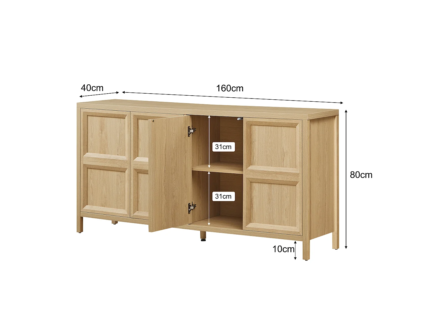Buffet de rangement 160 cm avec 4 portes et étagères - Naturel clair