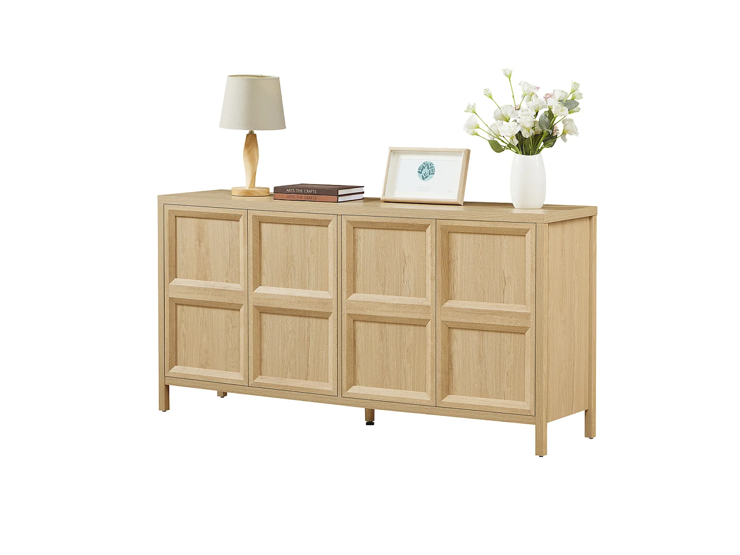Buffet de rangement 160 cm avec 4 portes et étagères - Naturel clair