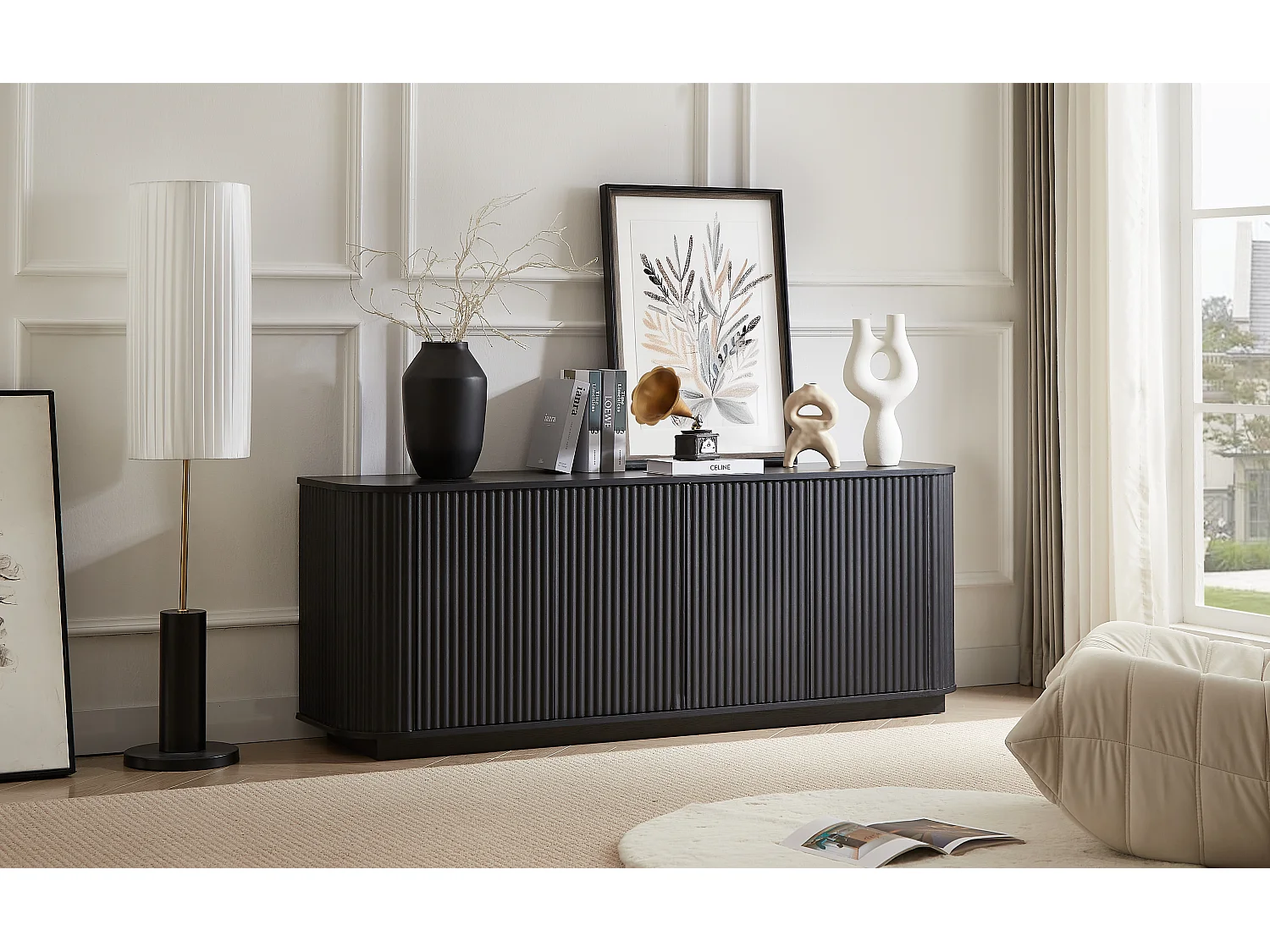 Buffet à motif ondulé avec 4 portes pour cuisine, chambre et entrée - Noir