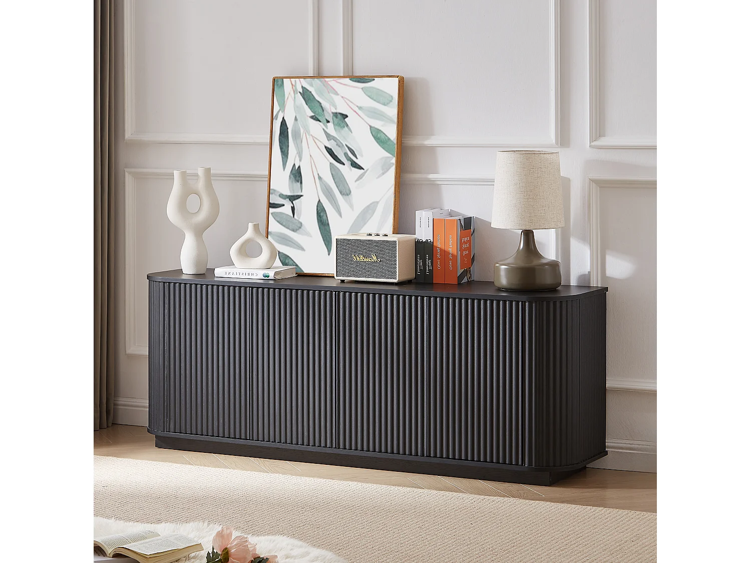 Buffet à motif ondulé avec 4 portes pour cuisine, chambre et entrée - Noir
