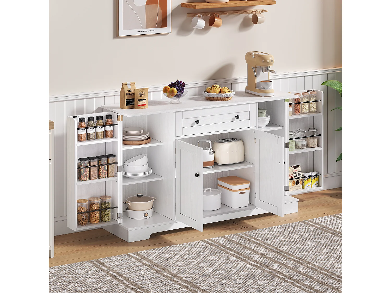 Modern sideboard 138x40x85cm - with 2 doors and 1 drawer - 2 doors with shelves - White