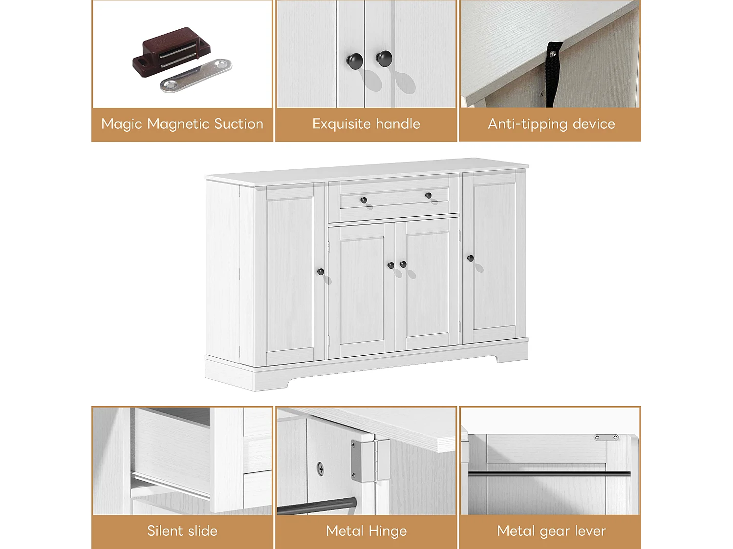 Modern sideboard 138x40x85cm - with 2 doors and 1 drawer - 2 doors with shelves - White