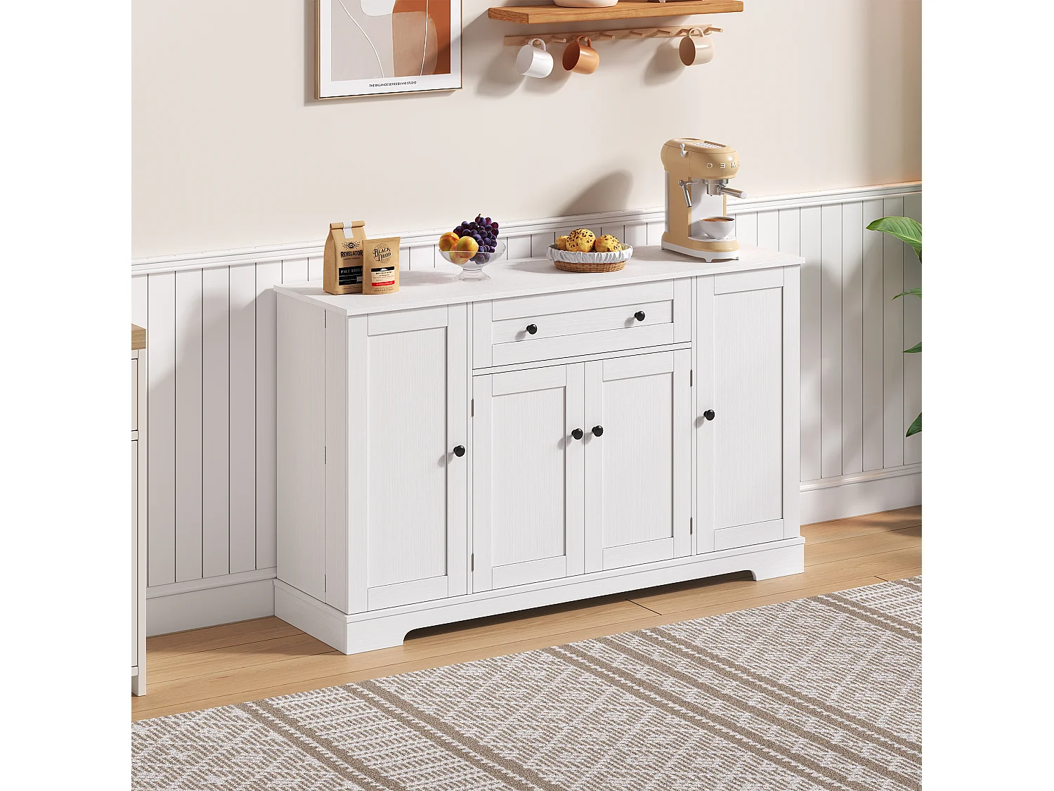Modern sideboard 138x40x85cm - with 2 doors and 1 drawer - 2 doors with shelves - White