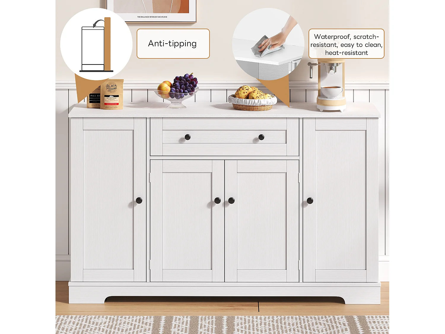 Modern sideboard 138x40x85cm - with 2 doors and 1 drawer - 2 doors with shelves - White