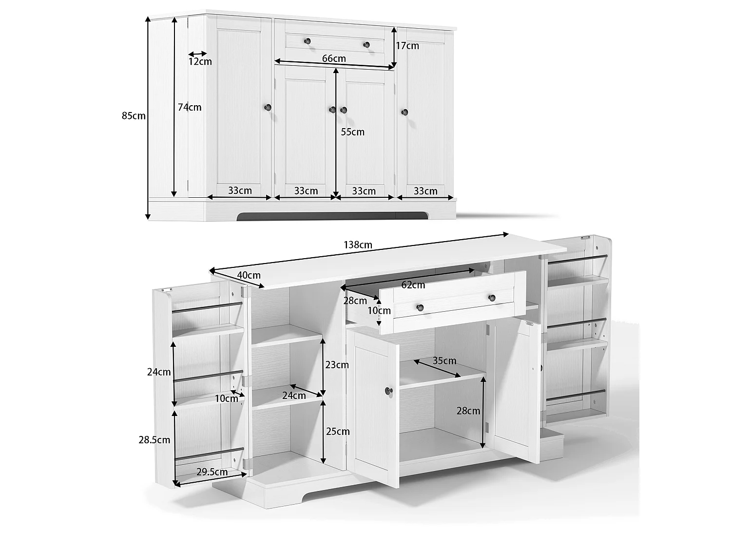 Modern sideboard 138x40x85cm - with 2 doors and 1 drawer - 2 doors with shelves - White