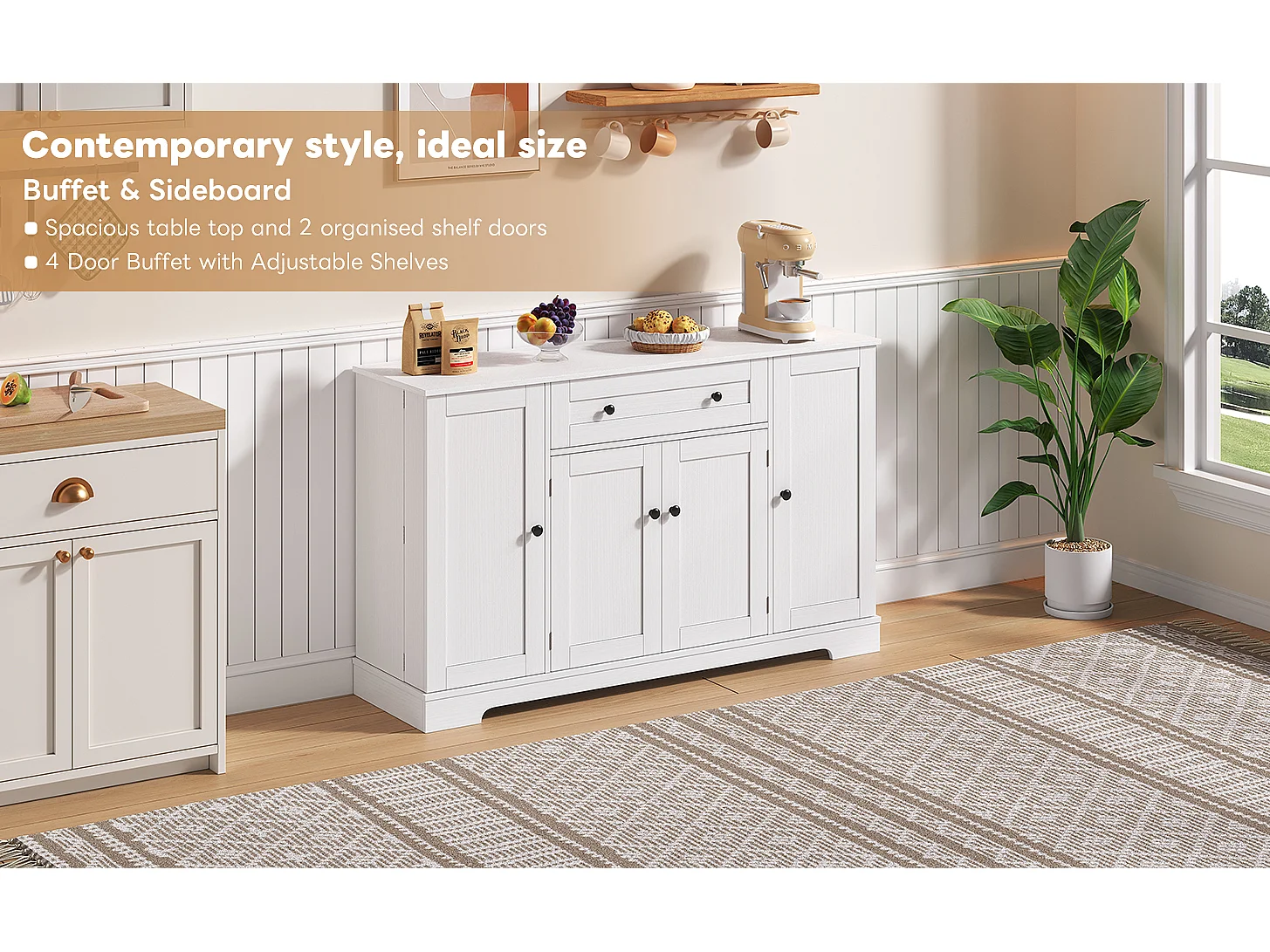Modern sideboard 138x40x85cm - with 2 doors and 1 drawer - 2 doors with shelves - White