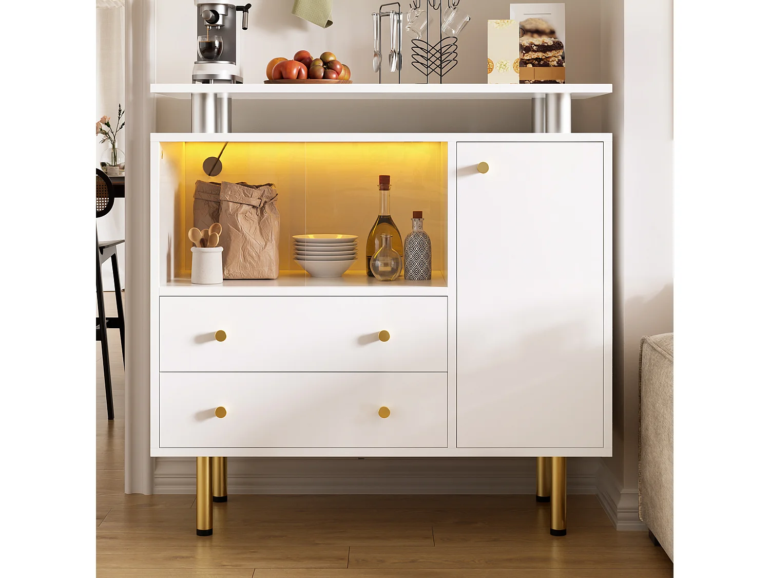 Buffet moderne / Commode 80x35x80cm -  avec 2 tiroirs et 1 porte - avec des lumières LED - 2 portes coulissantes en verre - Blanc