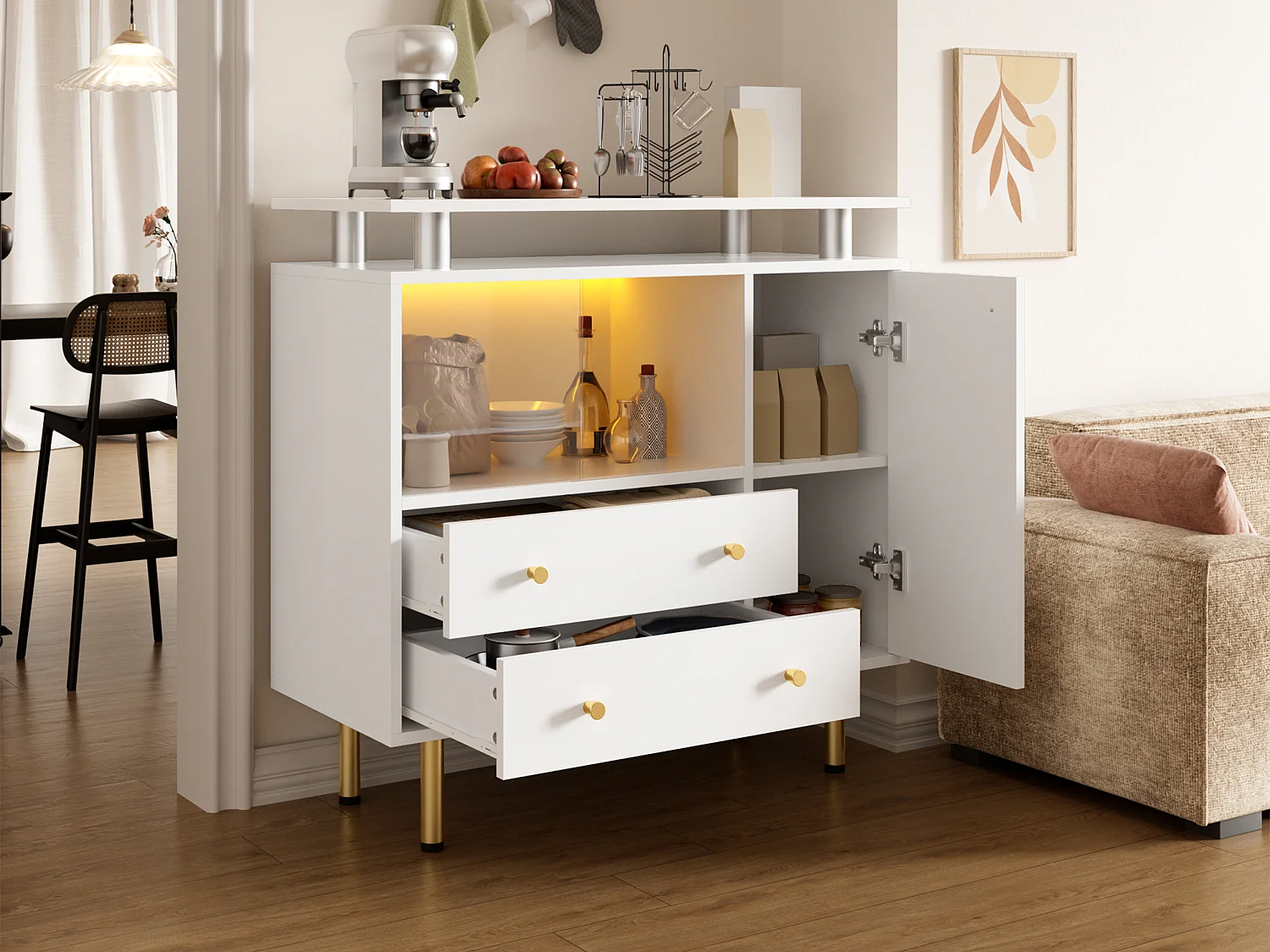 Buffet moderne / Commode 80x35x80cm -  avec 2 tiroirs et 1 porte - avec des lumières LED - 2 portes coulissantes en verre - Blanc