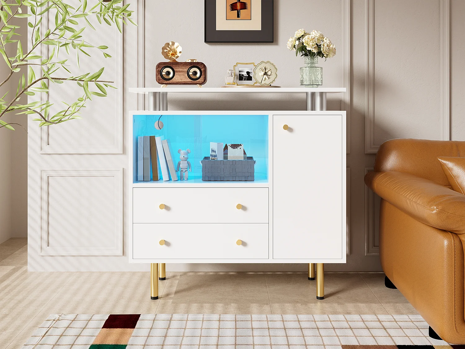 Buffet moderne / Commode 80x35x80cm -  avec 2 tiroirs et 1 porte - avec des lumières LED - 2 portes coulissantes en verre - Blanc