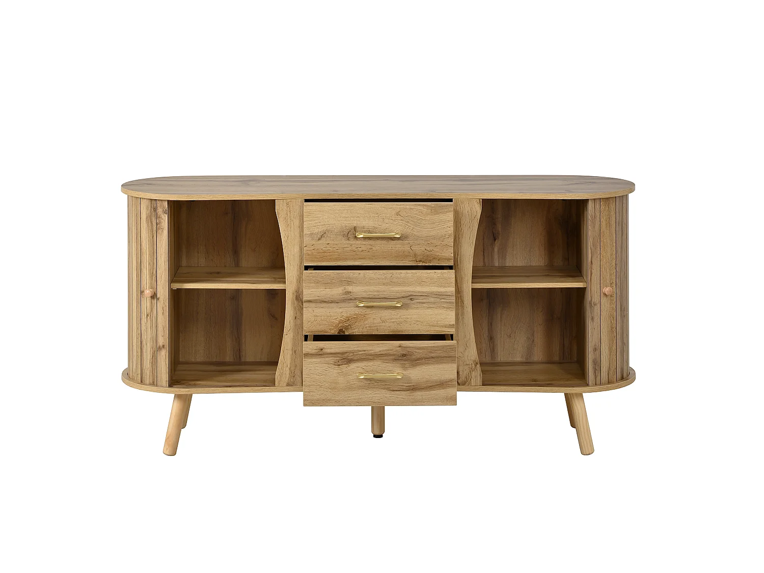 Buffet avec motif rainuré, 2 portes coulissantes et 3 tiroirs - Naturel clair 150x36.5x75 cm