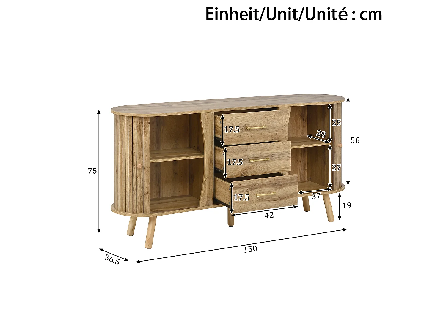 Buffet avec motif rainuré, 2 portes coulissantes et 3 tiroirs - Naturel clair 150x36.5x75 cm