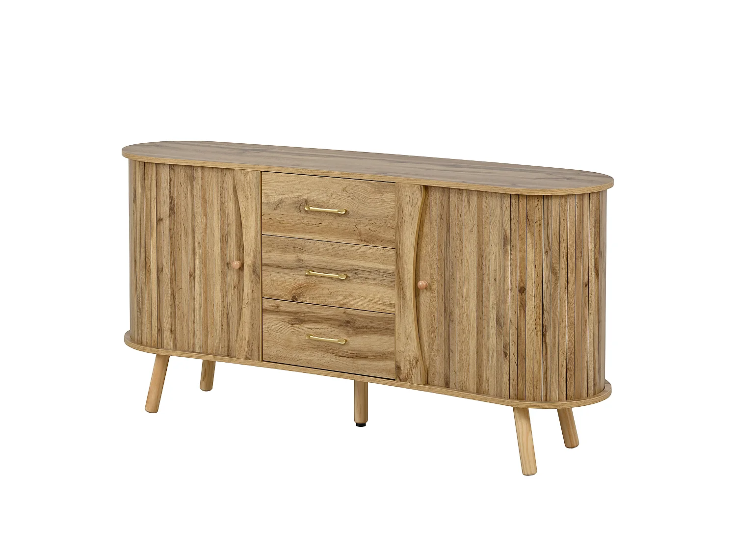 Buffet avec motif rainuré, 2 portes coulissantes et 3 tiroirs - Naturel clair 150x36.5x75 cm