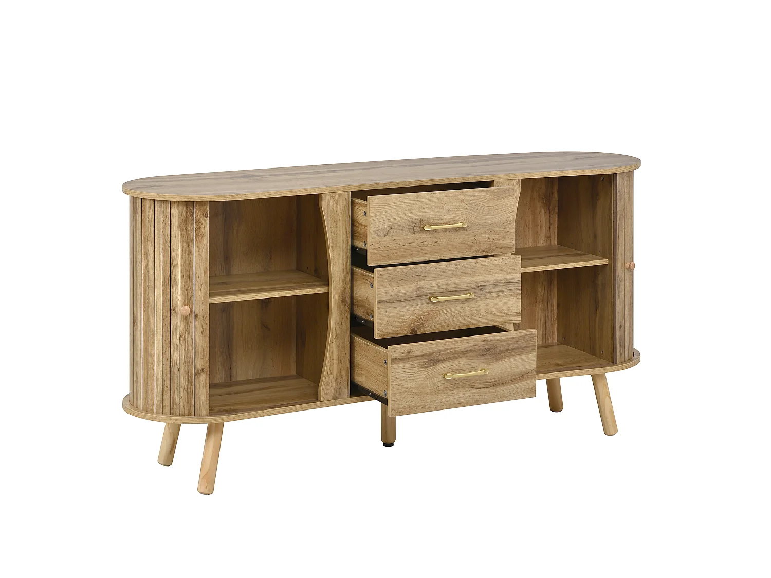 Buffet avec motif rainuré, 2 portes coulissantes et 3 tiroirs - Naturel clair 150x36.5x75 cm