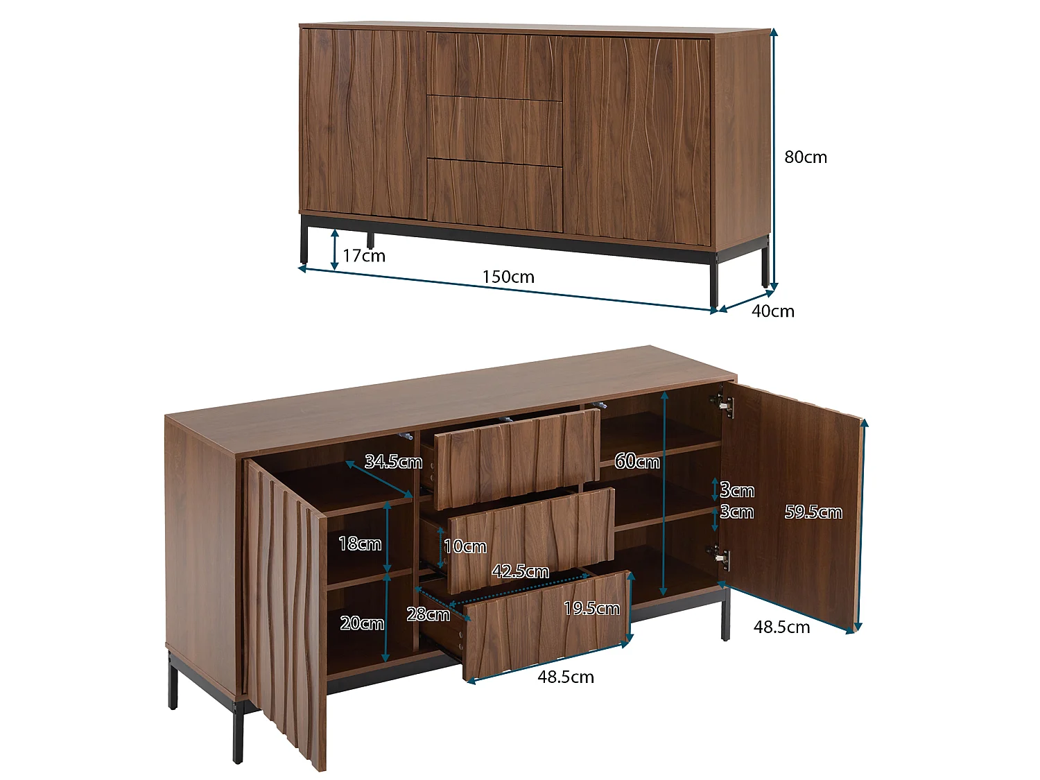 Modern sideboard 150x40x80cm - with 2 doors and 3 drawers - Brown