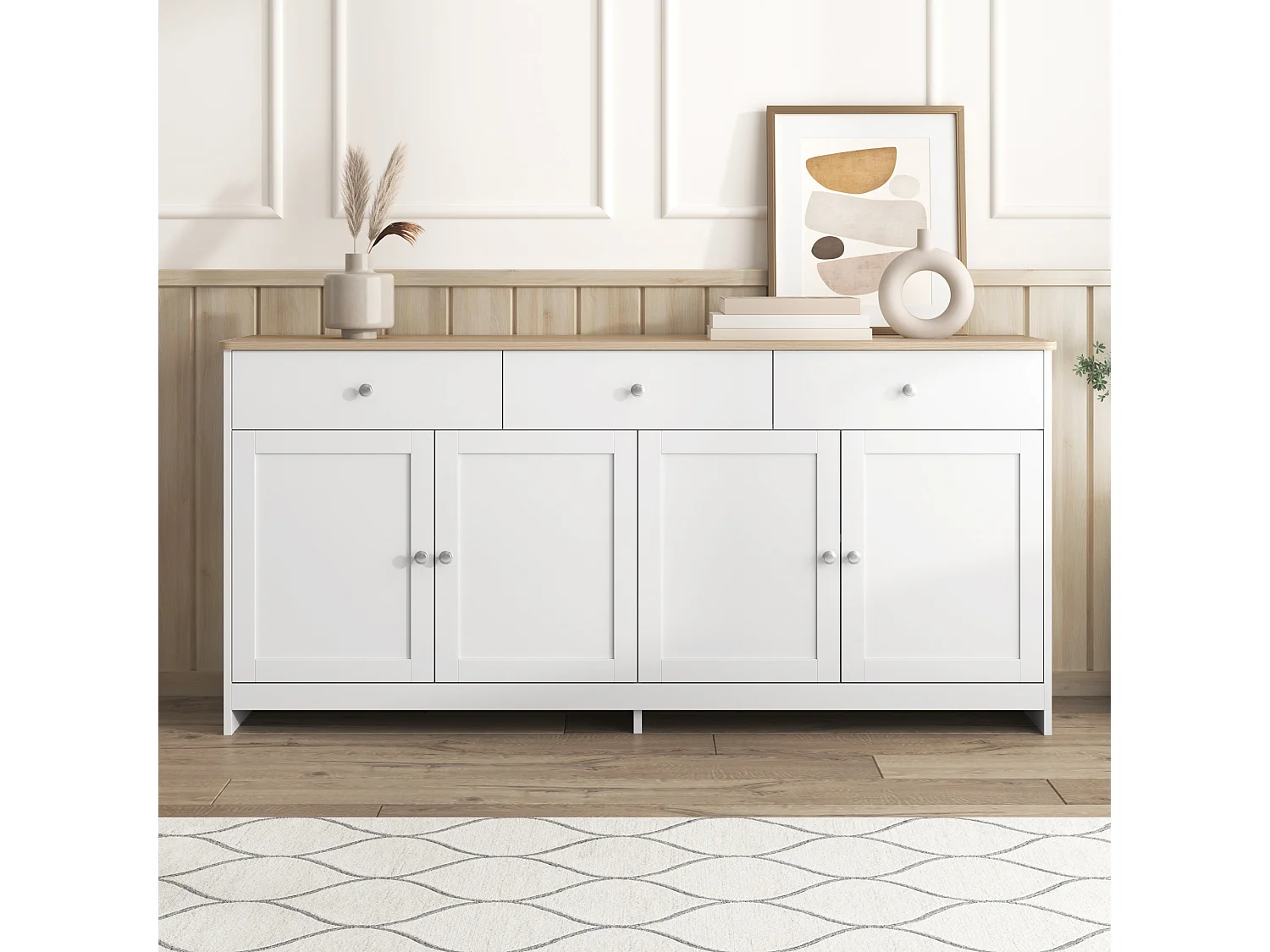 Buffet en bois avec 4 portes et 3 tiroirs - Couleur bois et blanc 160x37x75 cm
