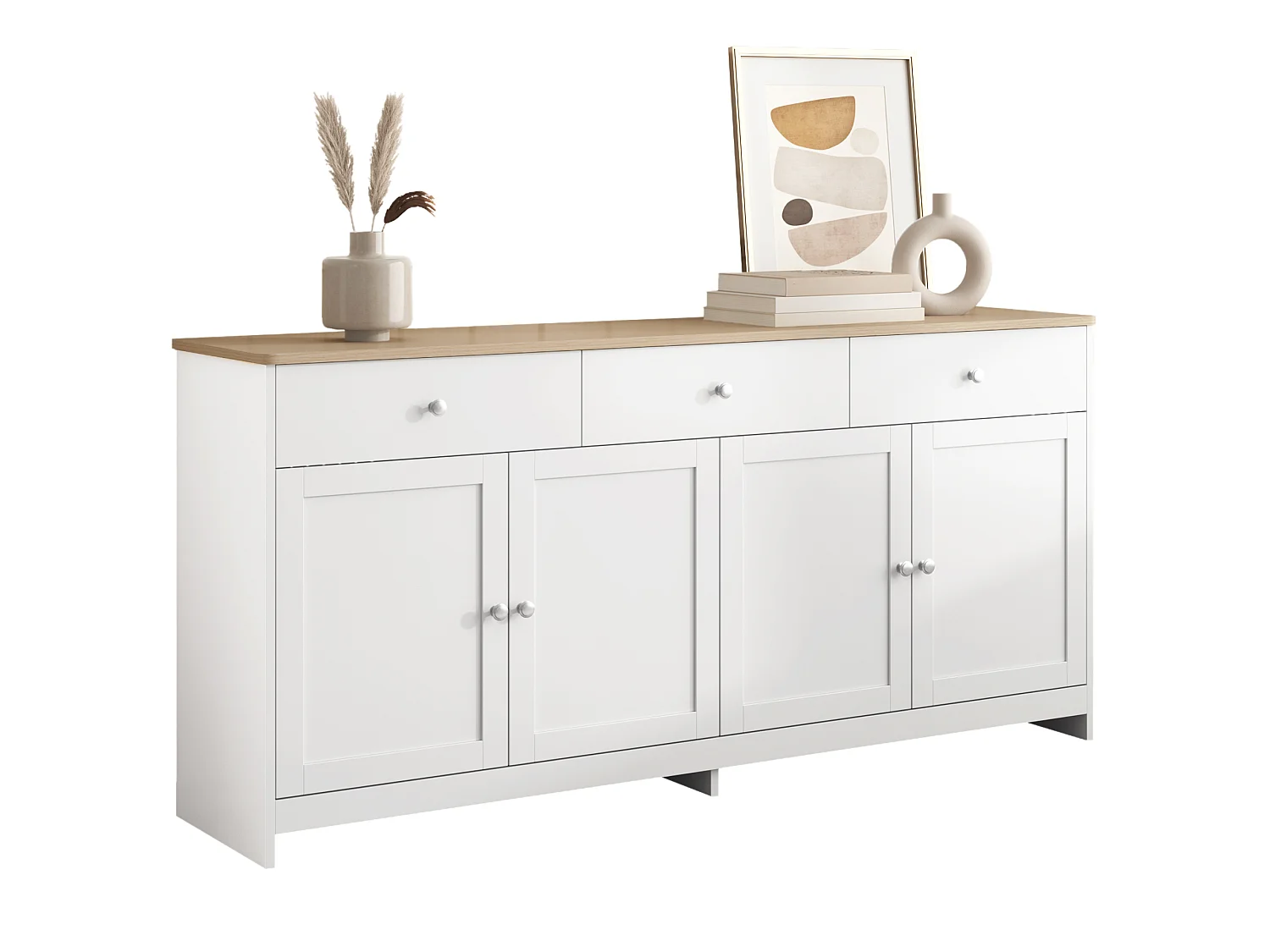 Buffet en bois avec 4 portes et 3 tiroirs - Couleur bois et blanc 160x37x75 cm