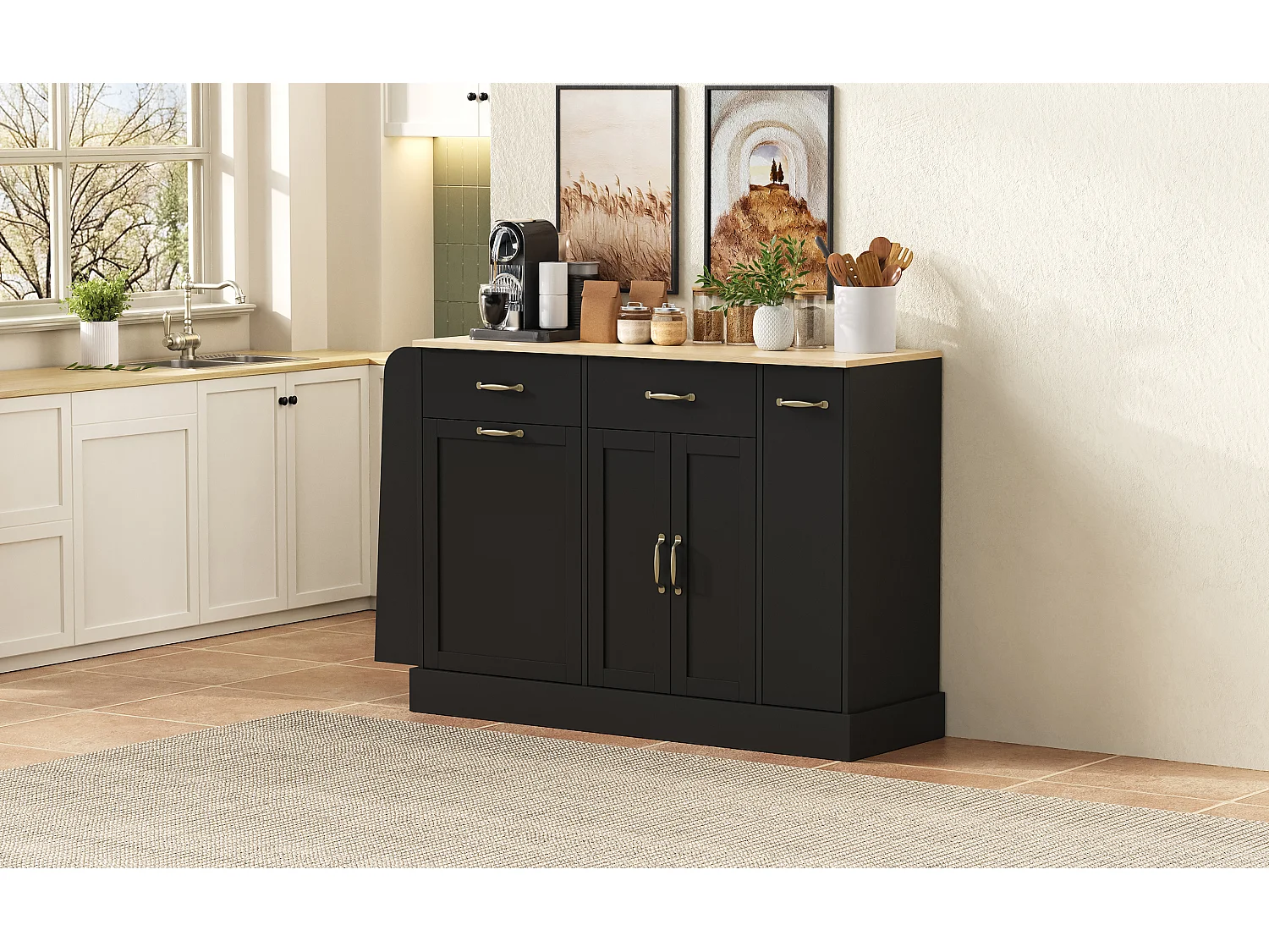 Dressoir met lades, deuren en kruidenrek - Zwart MDF-hout
