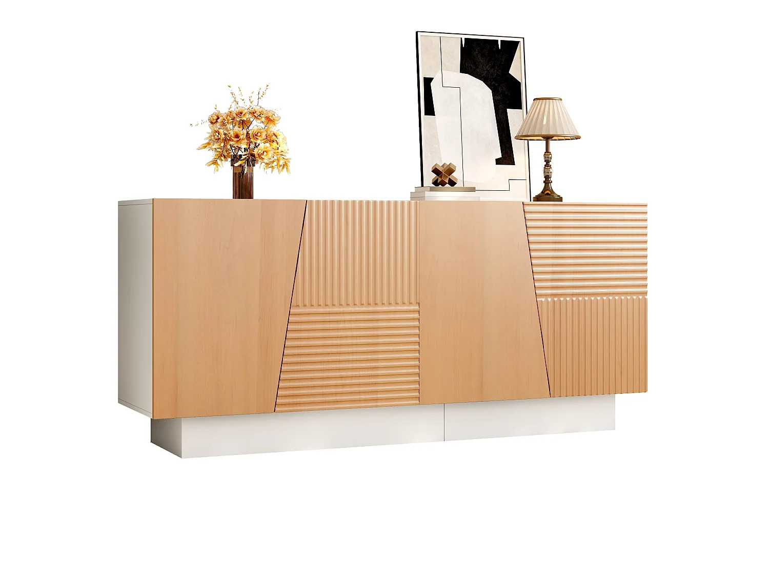 Buffet avec 4 portes 160x40,5x72 cm - Design géométrique rainuré - Étagères réglables - MDF - Couleur naturelle