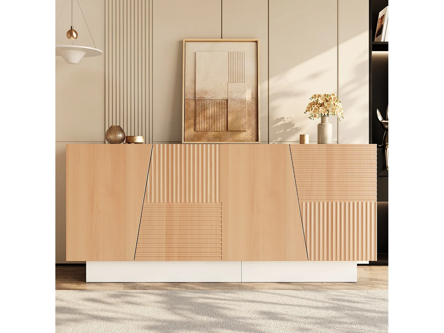 Buffet avec 4 portes 160x40,5x72 cm - Design géométrique rainuré - Étagères réglables - MDF - Couleur naturelle