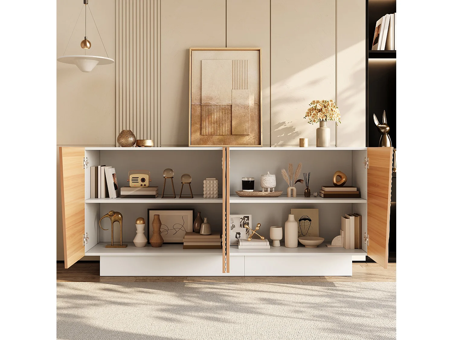 Buffet avec 4 portes 160x40,5x72 cm - Design géométrique rainuré - Étagères réglables - MDF - Couleur naturelle