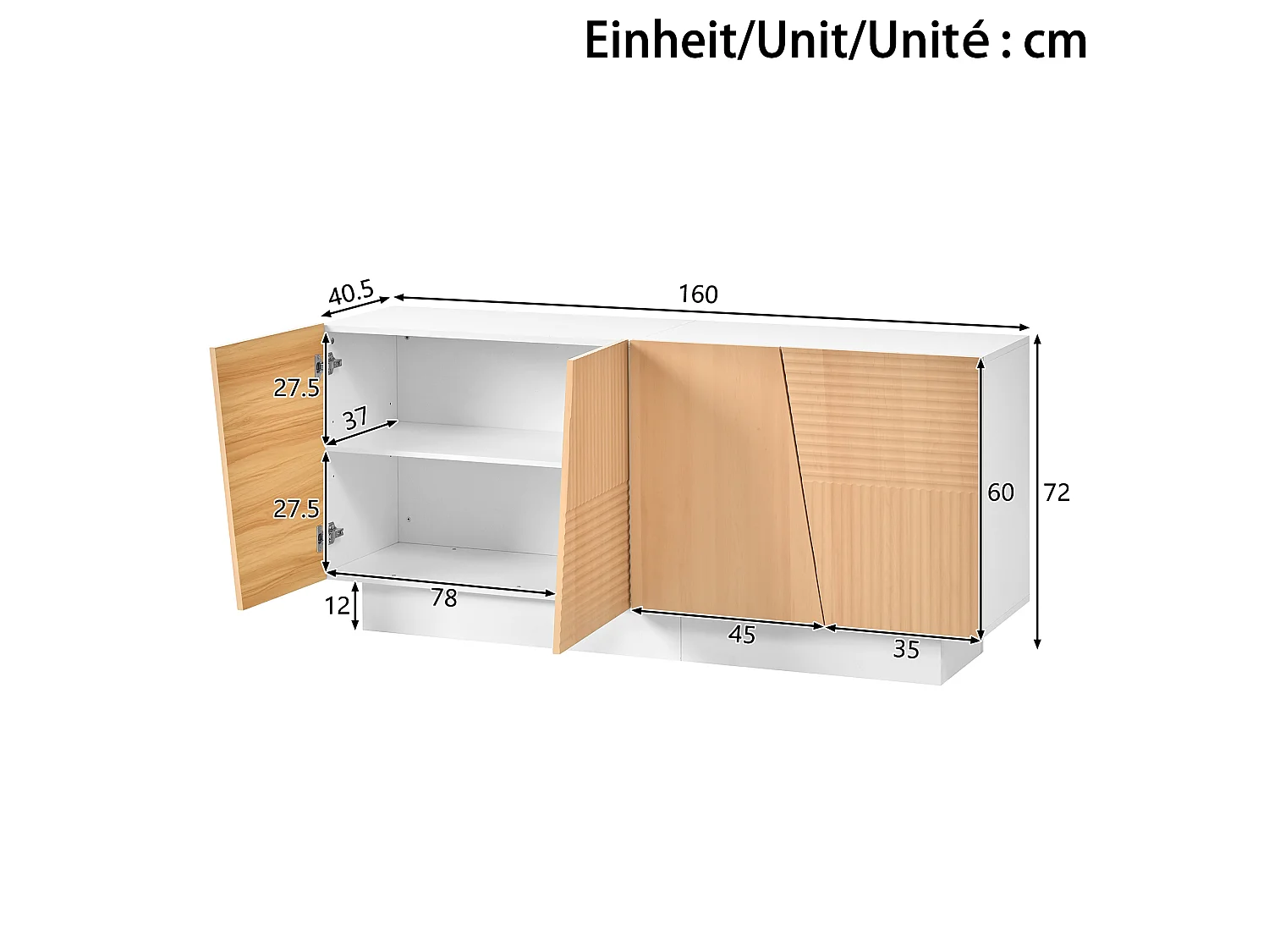 Buffet avec 4 portes 160x40,5x72 cm - Design géométrique rainuré - Étagères réglables - MDF - Couleur naturelle