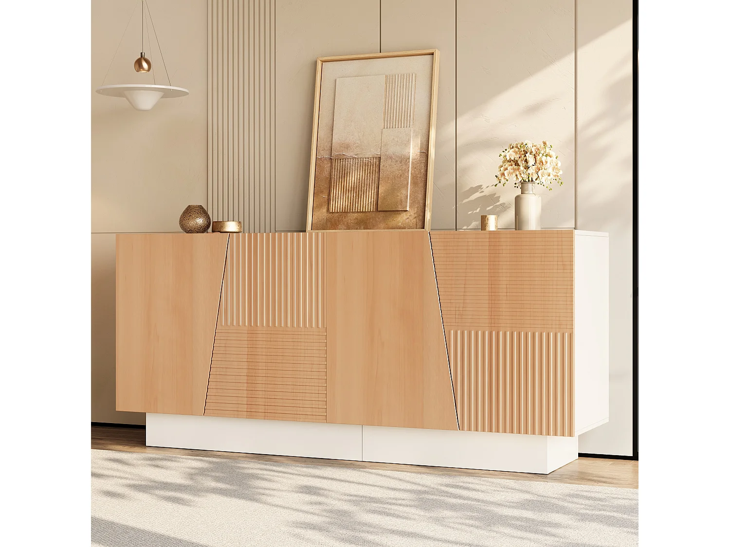 Buffet avec 4 portes 160x40,5x72 cm - Design géométrique rainuré - Étagères réglables - MDF - Couleur naturelle