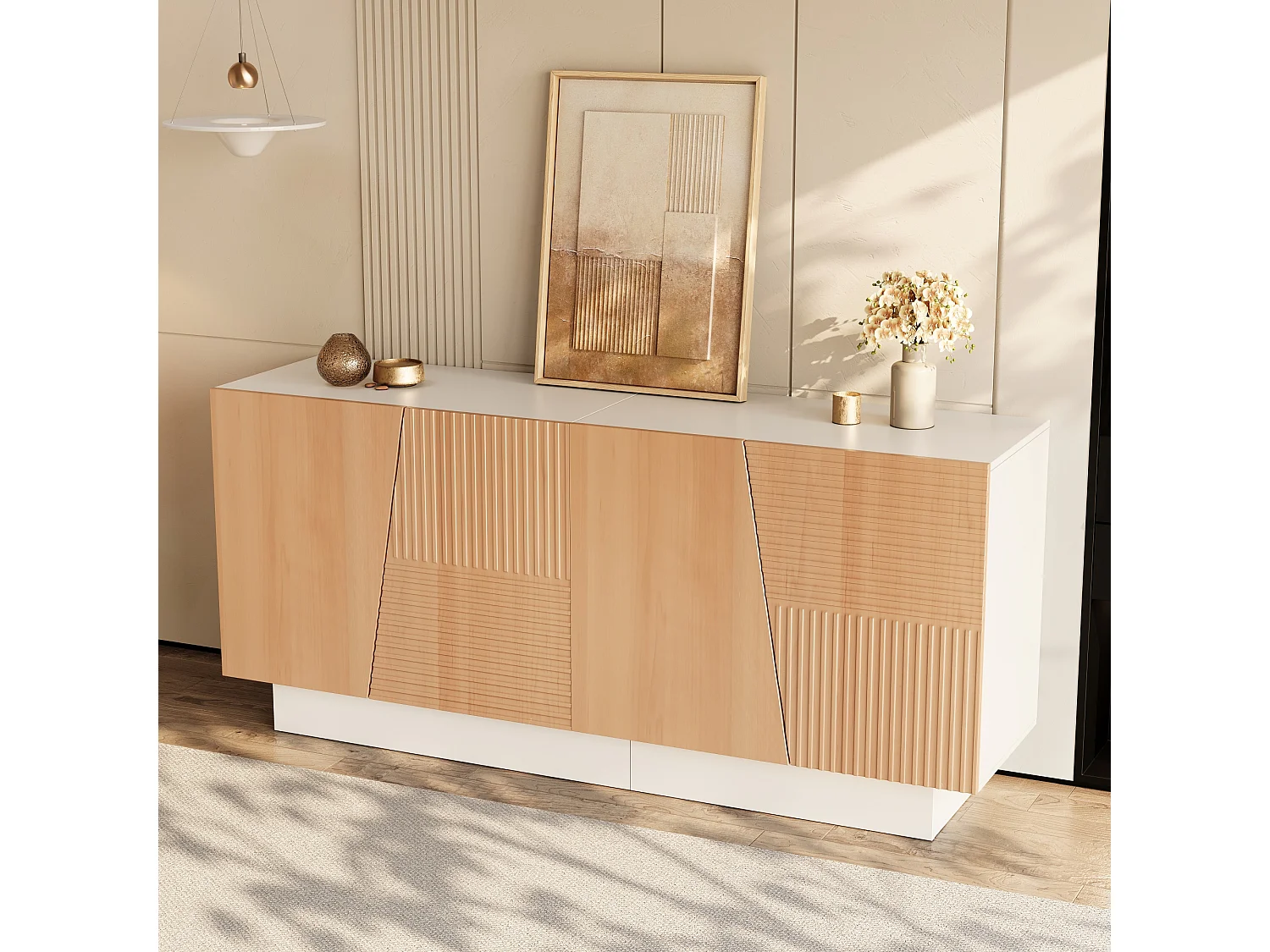 Buffet avec 4 portes 160x40,5x72 cm - Design géométrique rainuré - Étagères réglables - MDF - Couleur naturelle