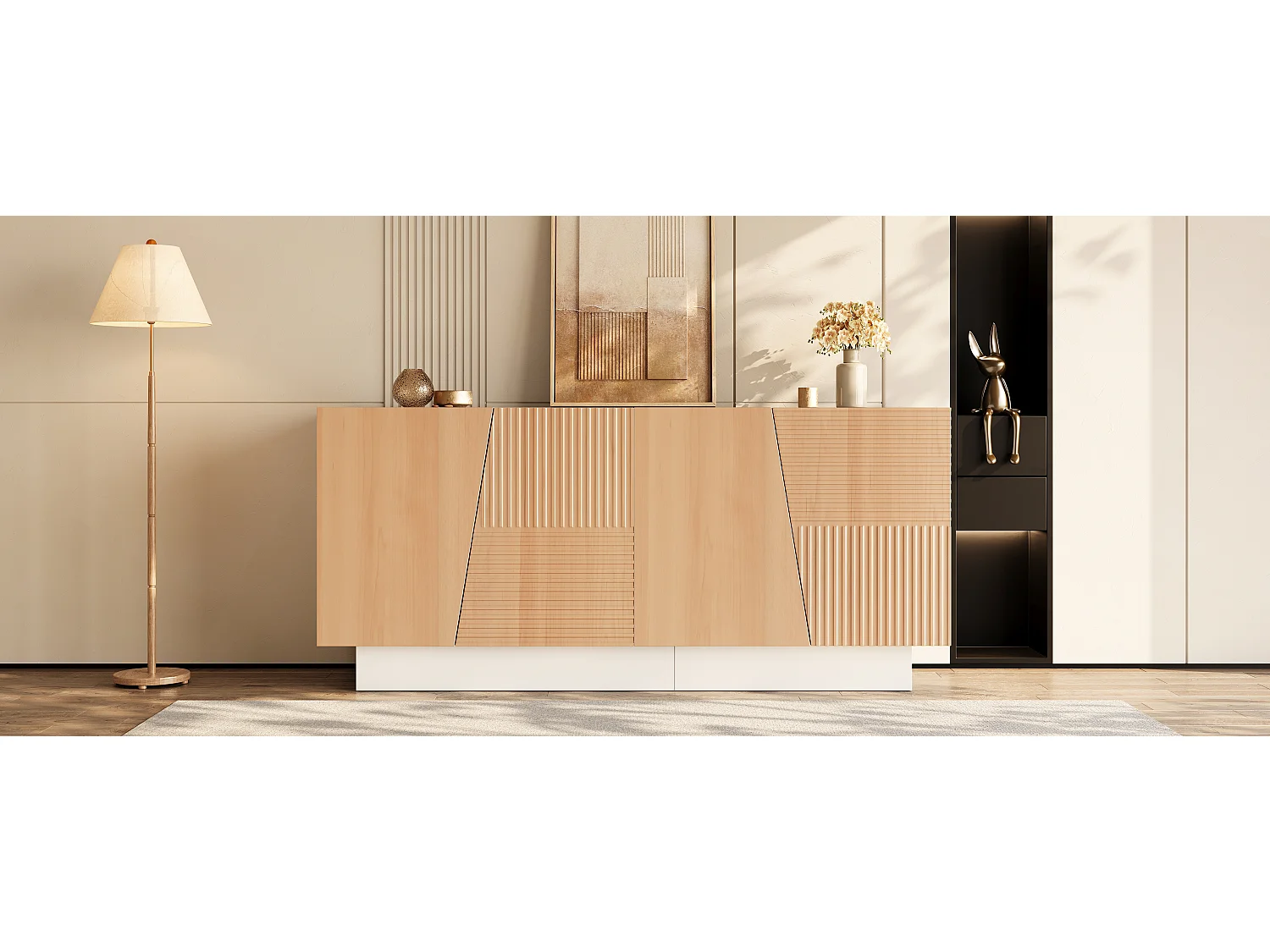 Buffet avec 4 portes 160x40,5x72 cm - Design géométrique rainuré - Étagères réglables - MDF - Couleur naturelle