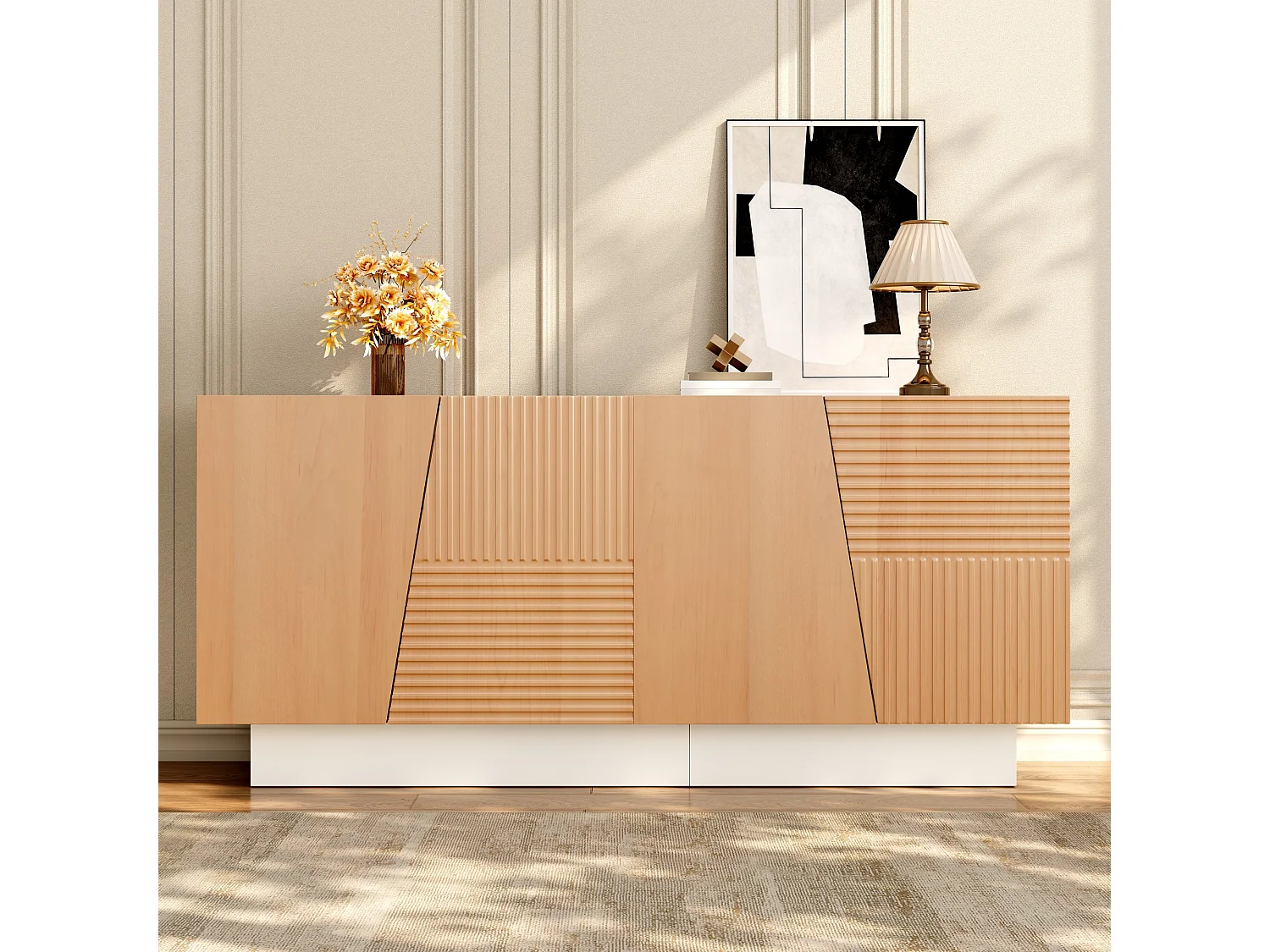 Buffet avec 4 portes 160x40,5x72 cm - Design géométrique rainuré - Étagères réglables - MDF - Couleur naturelle