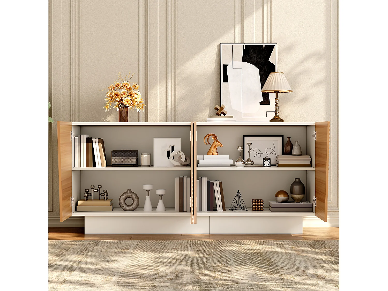 Buffet avec 4 portes 160x40,5x72 cm - Design géométrique rainuré - Étagères réglables - MDF - Couleur naturelle