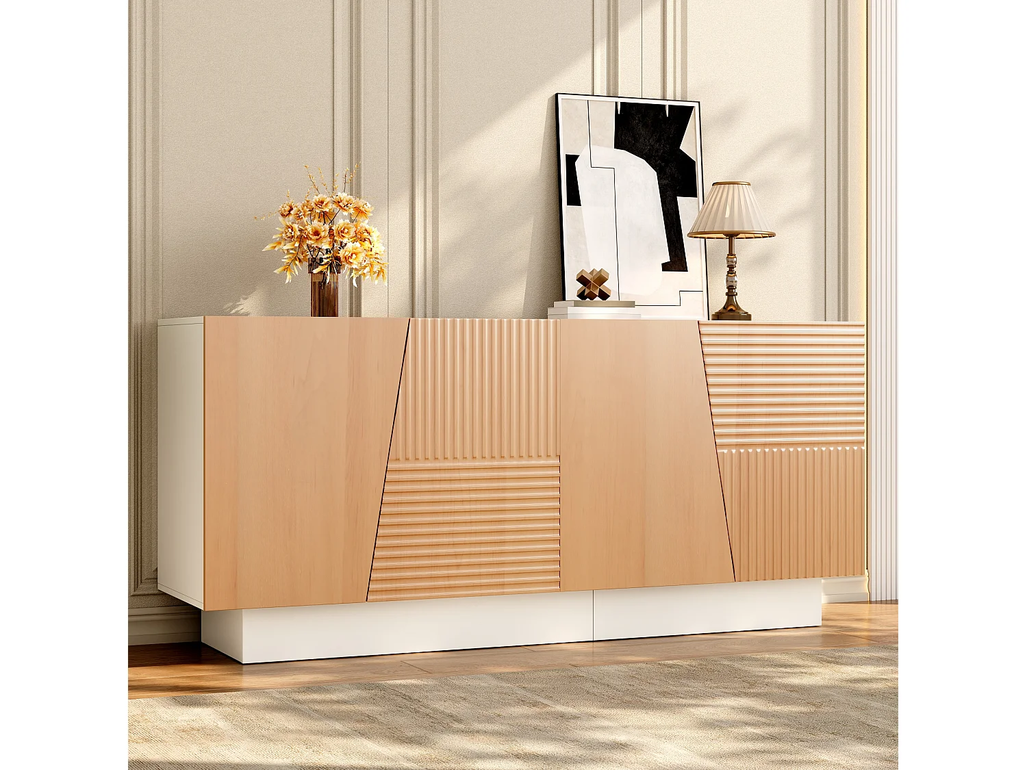 Buffet avec 4 portes 160x40,5x72 cm - Design géométrique rainuré - Étagères réglables - MDF - Couleur naturelle