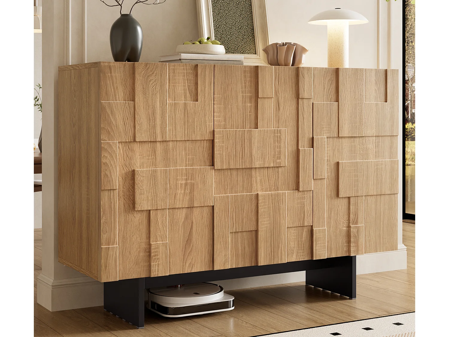 Buffet au design unique 105× 33.5 × 76 cm - avec 3 portes et étagères réglables - structure géométrique - naturel + noir