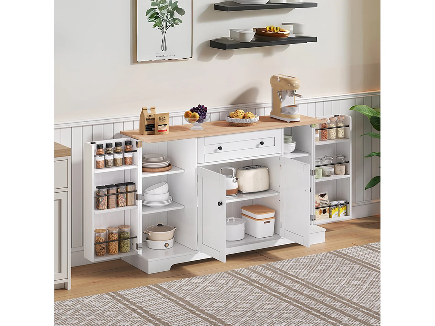Modern sideboard 138x40x85cm - with 2 doors and 1 drawer - 2 doors with shelves - White + Natural