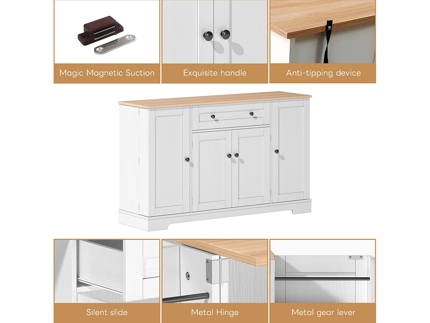 Modern sideboard 138x40x85cm - with 2 doors and 1 drawer - 2 doors with shelves - White + Natural
