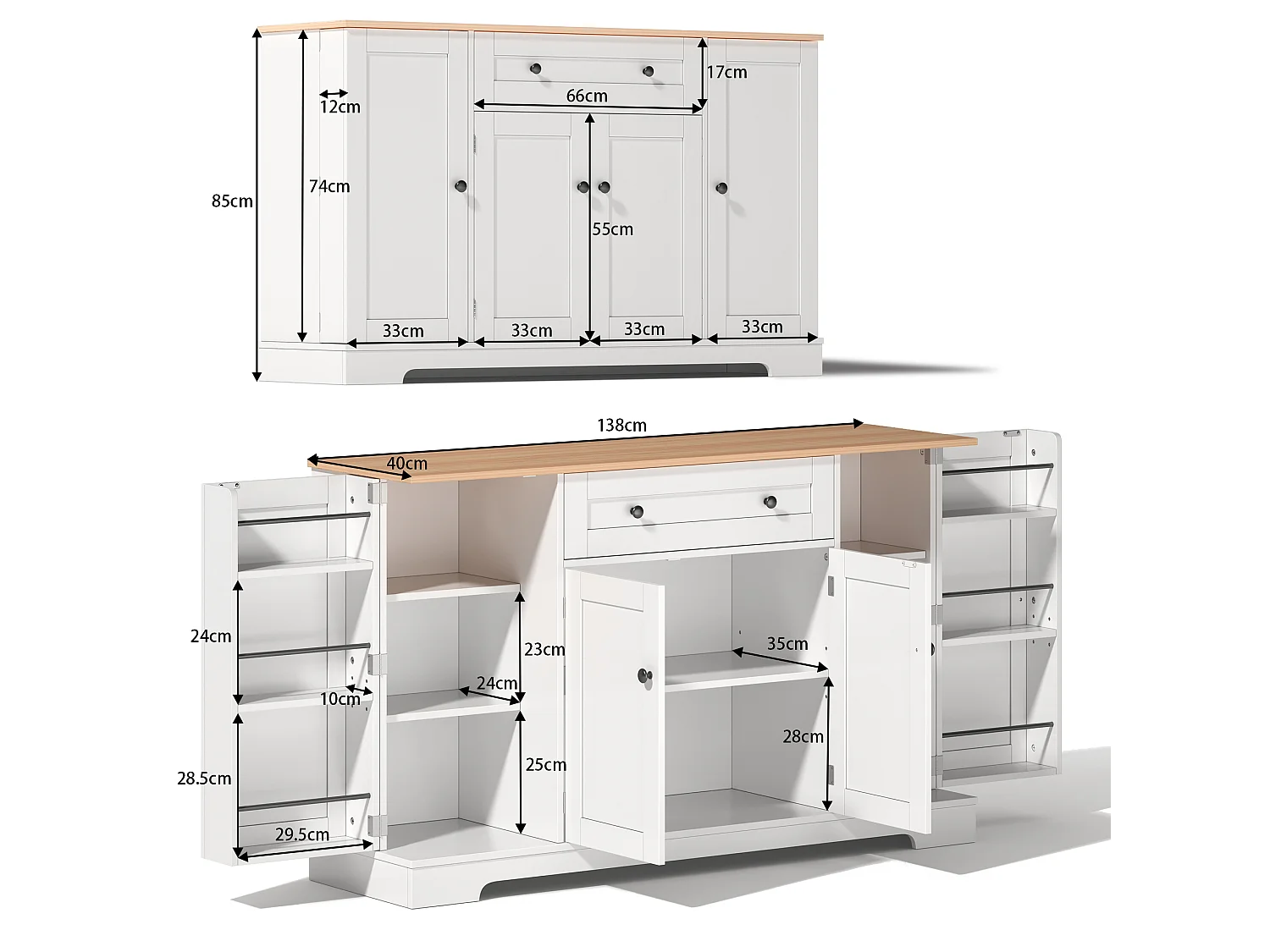 Modern sideboard 138x40x85cm - with 2 doors and 1 drawer - 2 doors with shelves - White + Natural