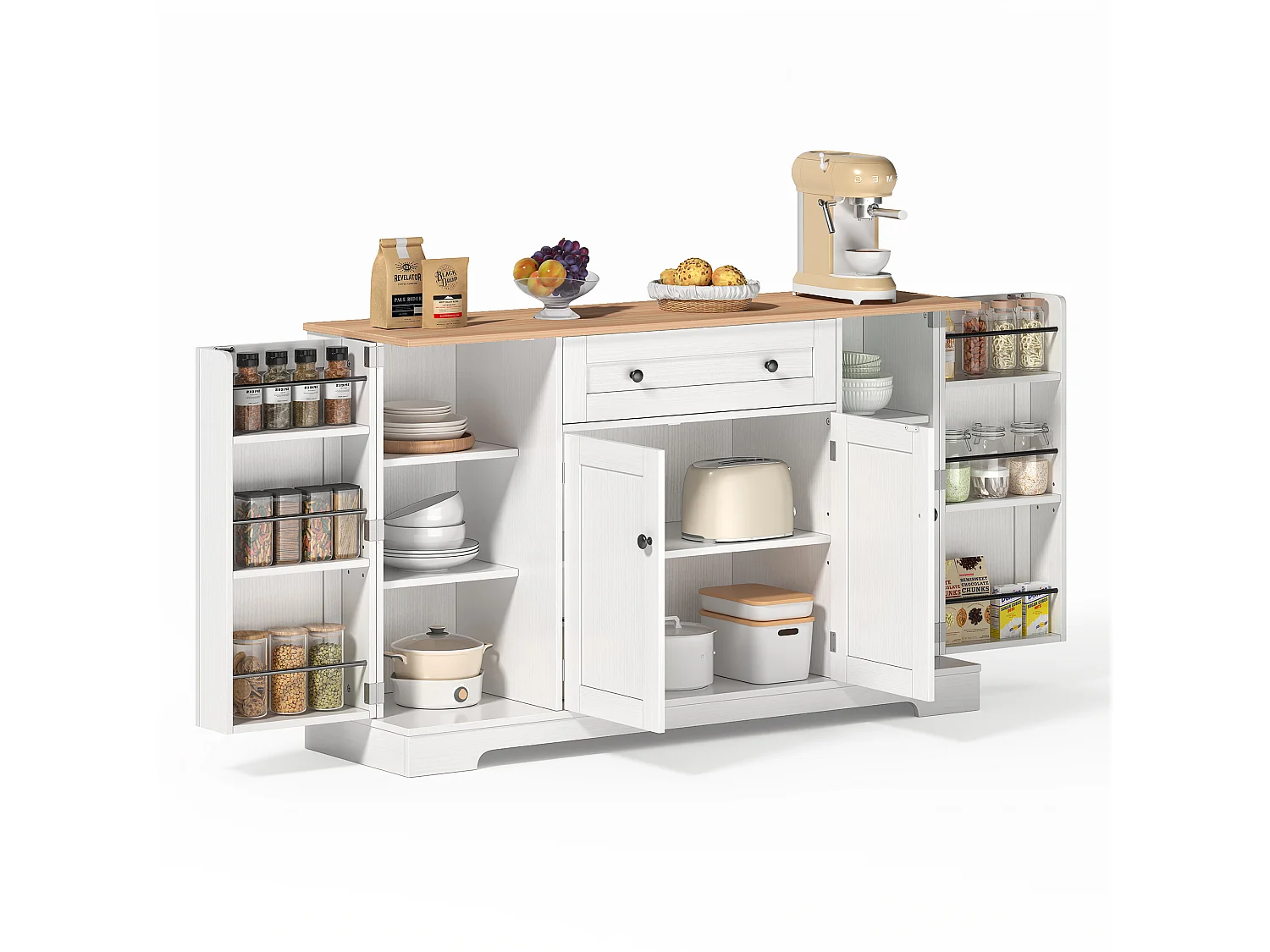 Modern sideboard 138x40x85cm - with 2 doors and 1 drawer - 2 doors with shelves - White + Natural