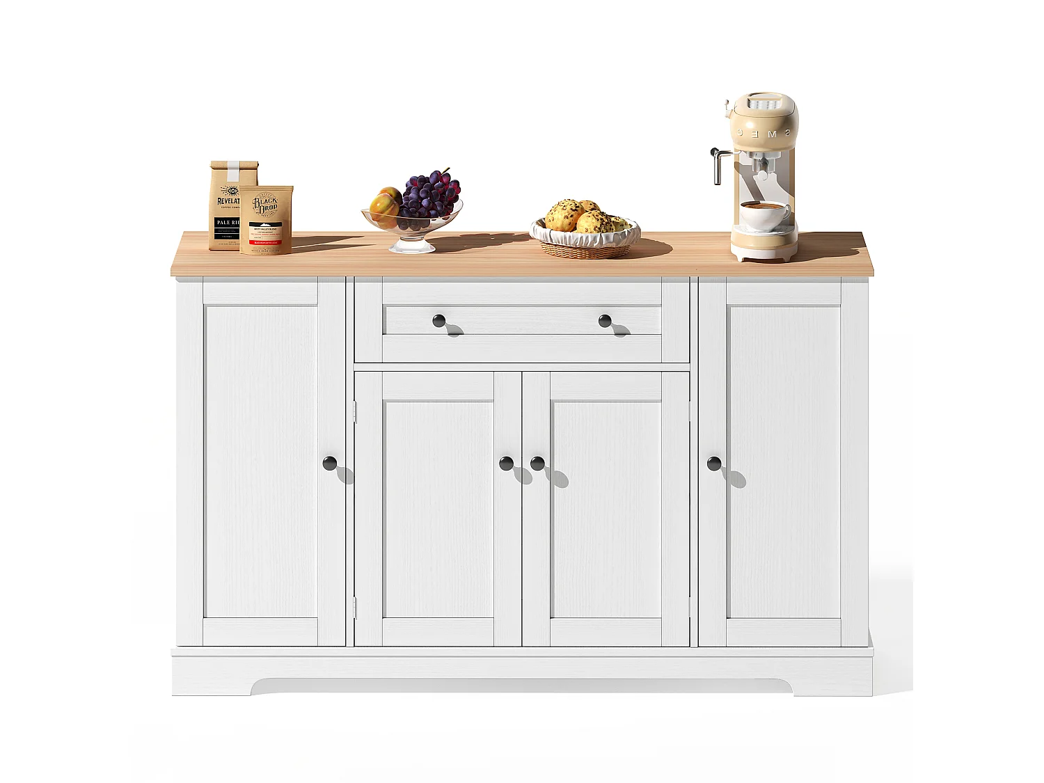 Modern sideboard 138x40x85cm - with 2 doors and 1 drawer - 2 doors with shelves - White + Natural