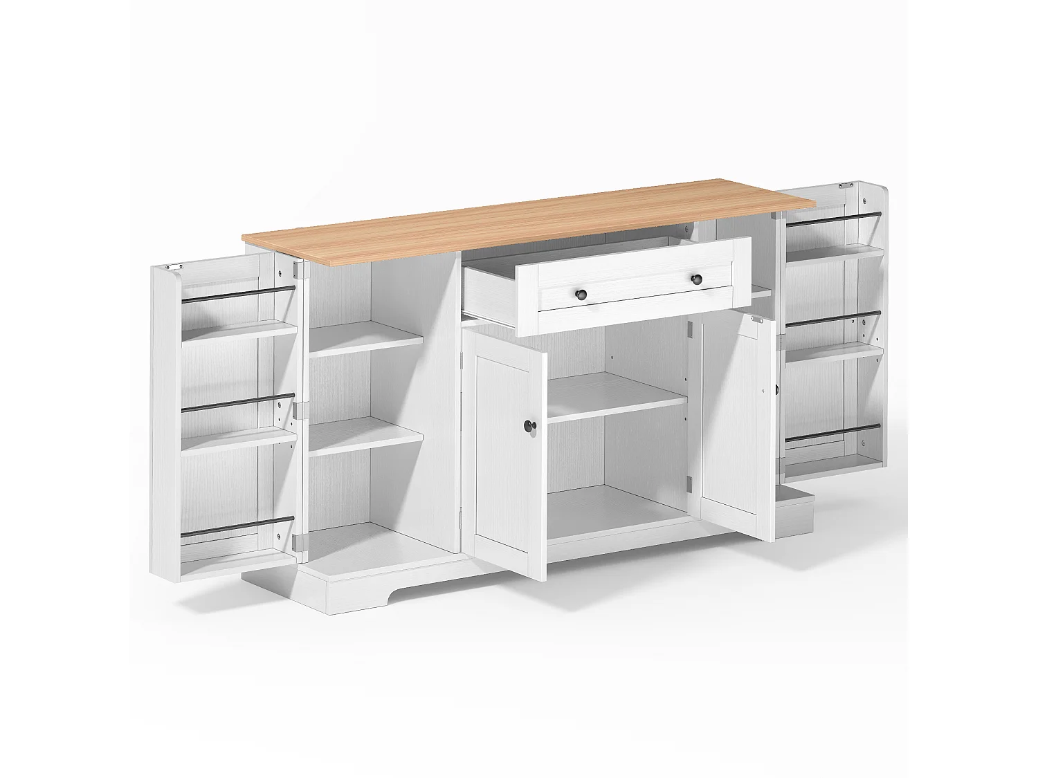 Modern sideboard 138x40x85cm - with 2 doors and 1 drawer - 2 doors with shelves - White + Natural