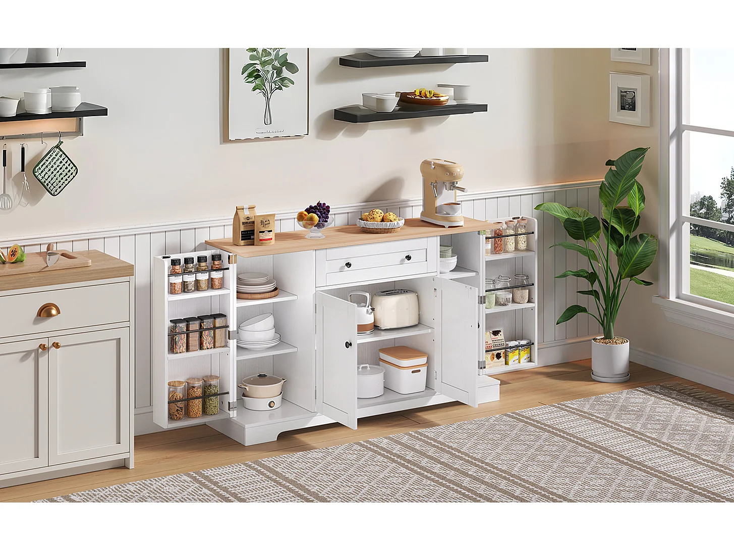 Modern sideboard 138x40x85cm - with 2 doors and 1 drawer - 2 doors with shelves - White + Natural