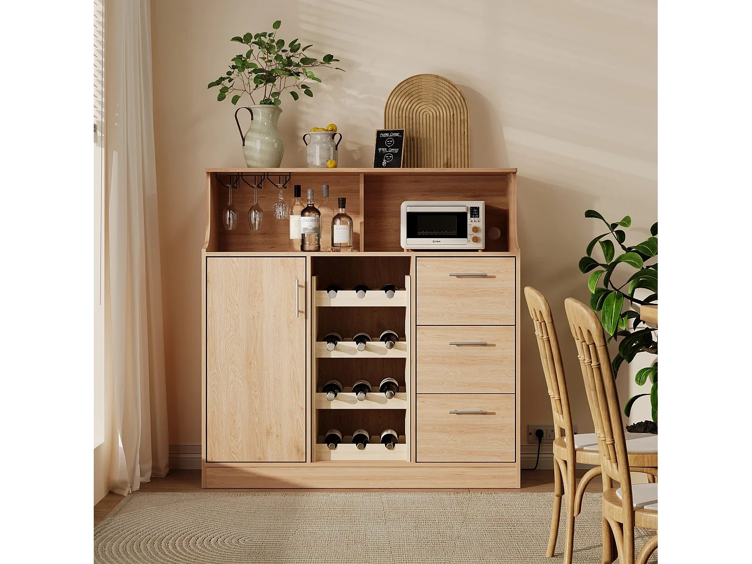 Buffet mini bar avec LED, prises électriques et casier à vin - Couleur bois