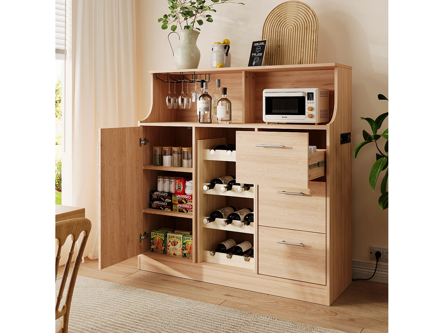 Buffet mini bar avec LED, prises électriques et casier à vin - Couleur bois