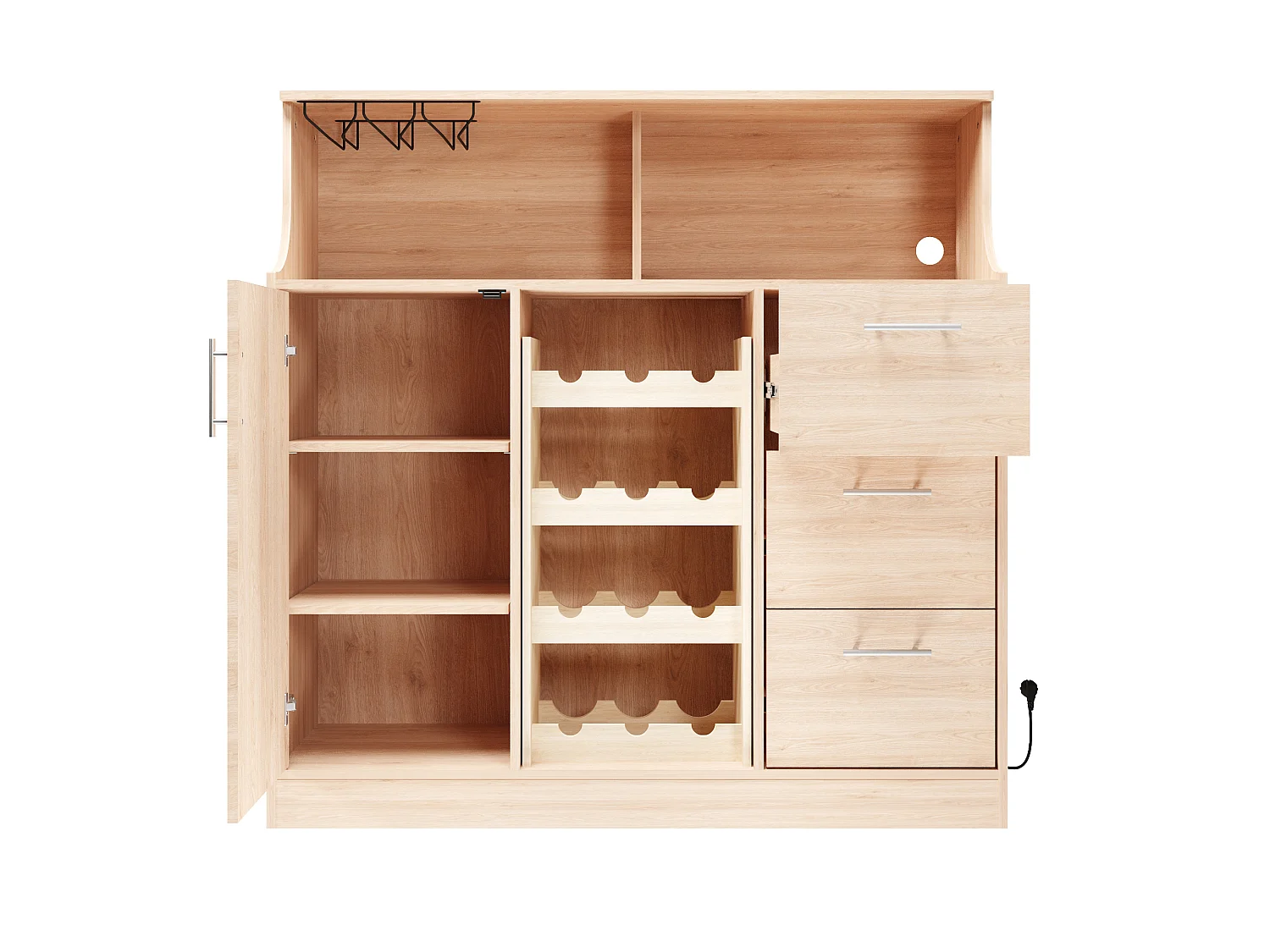 Buffet mini bar avec LED, prises électriques et casier à vin - Couleur bois