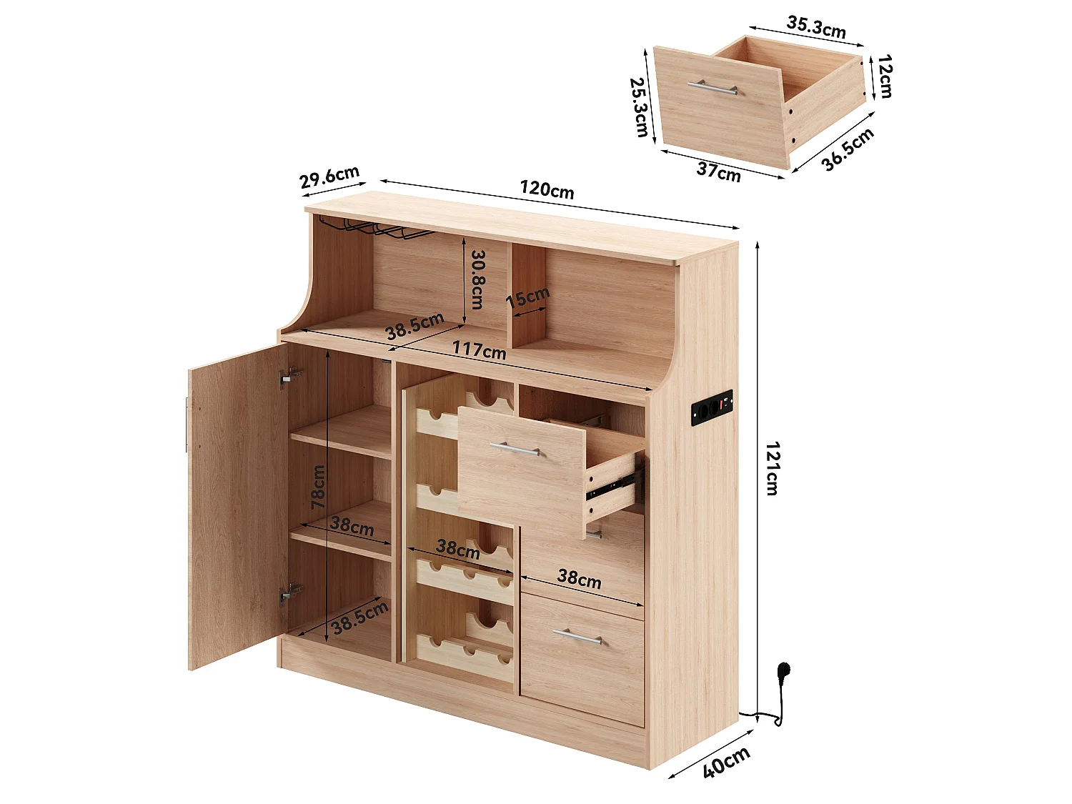 Buffet mini bar avec LED, prises électriques et casier à vin - Couleur bois