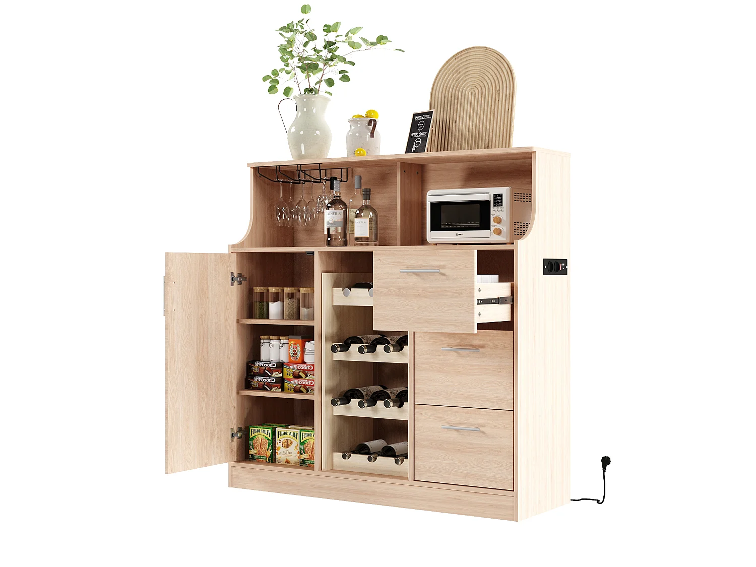 Buffet mini bar avec LED, prises électriques et casier à vin - Couleur bois
