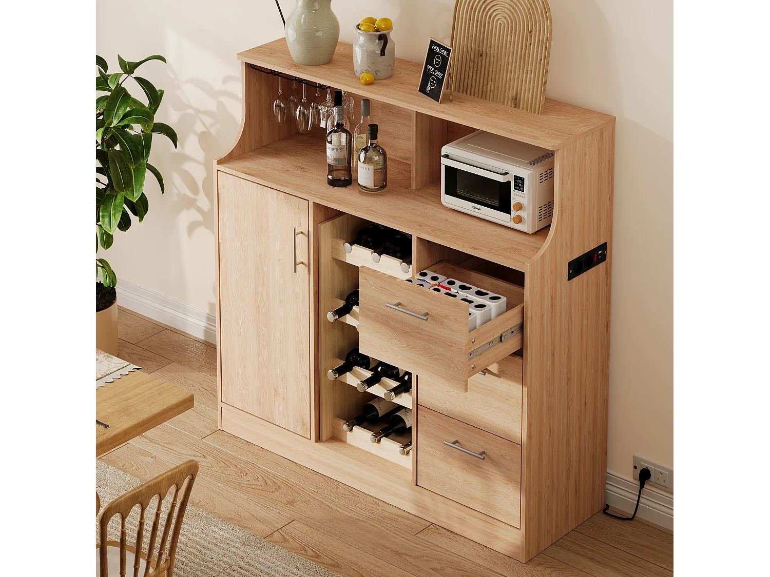Buffet mini bar avec LED, prises électriques et casier à vin - Couleur bois