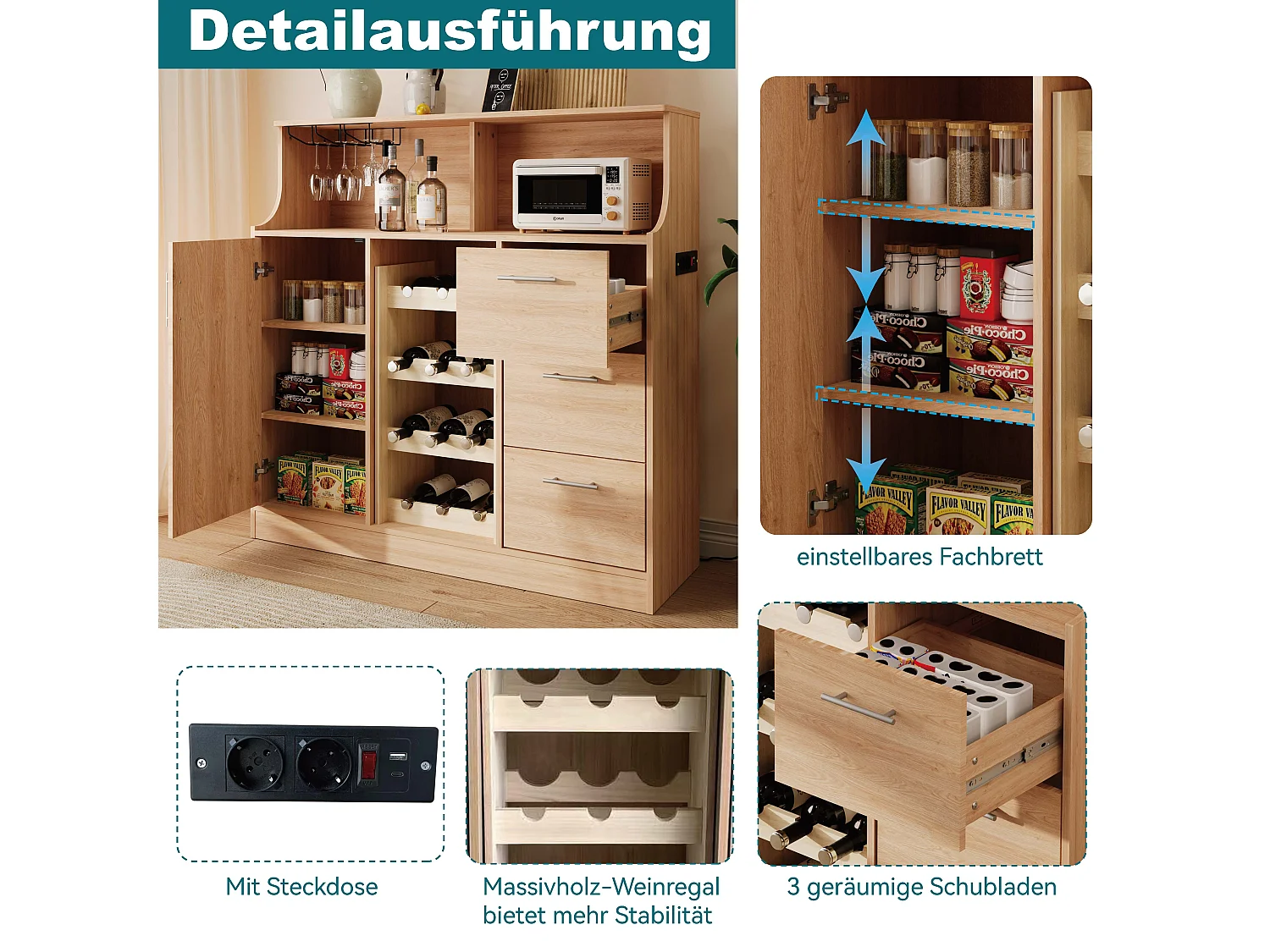 Buffet mini bar avec LED, prises électriques et casier à vin - Couleur bois