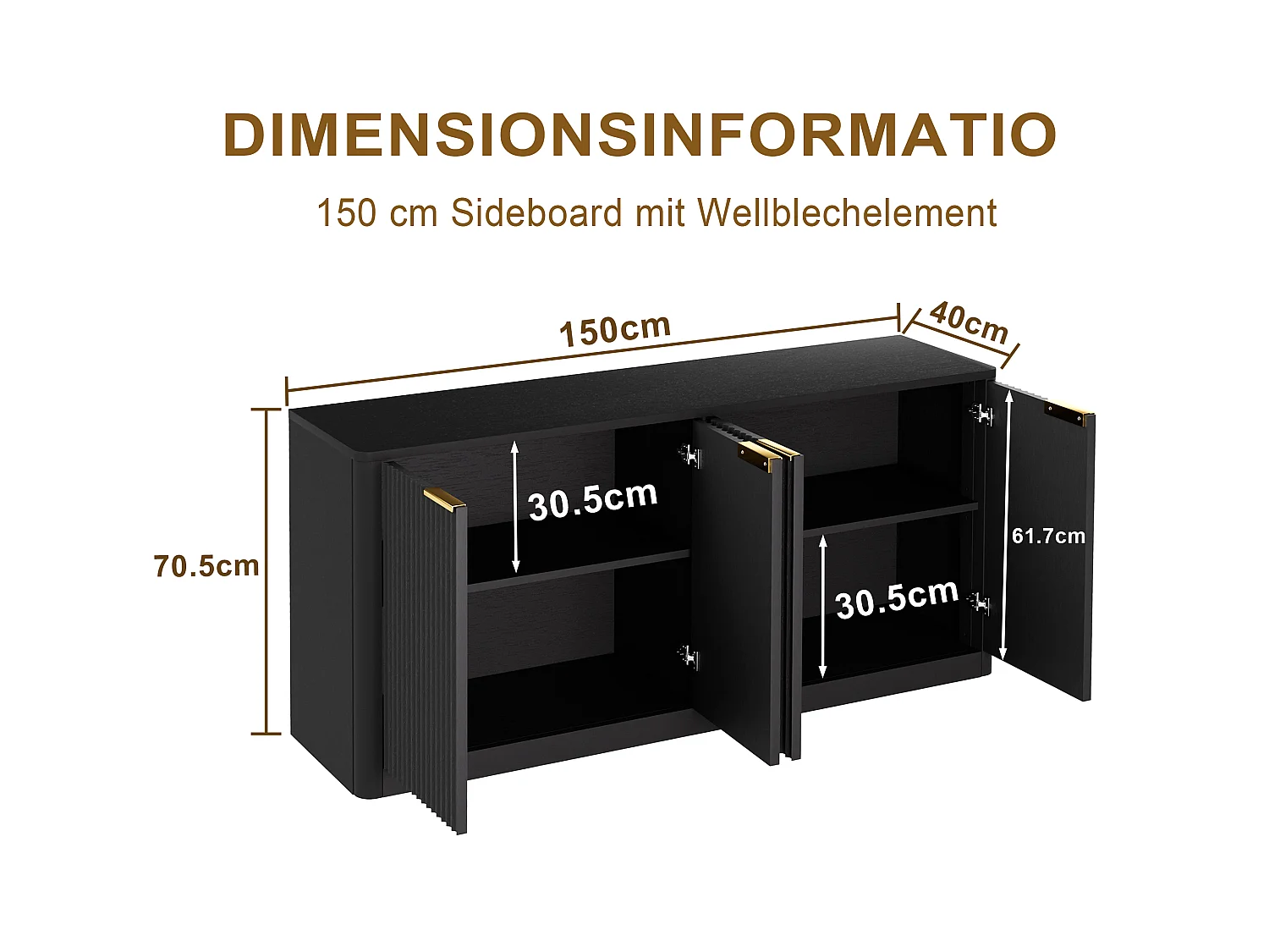 Buffet avec 4 portes 150x40x70.5 cm pour cuisine, chambre et entrée - Noir