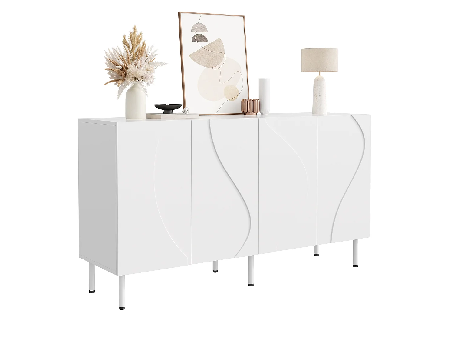 Buffet moderne 140x40x77,5 cm - 4 portes incurvées 3D - Panneaux de particules et MDF - Pieds en métal - Blanc