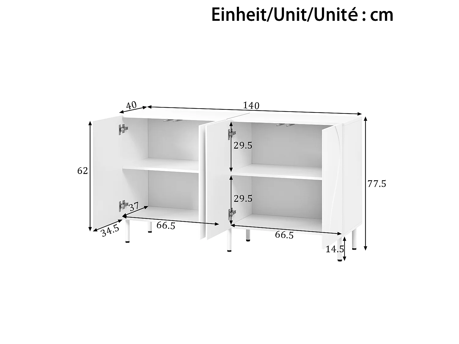 Buffet moderne 140x40x77,5 cm - 4 portes incurvées 3D - Panneaux de particules et MDF - Pieds en métal - Blanc
